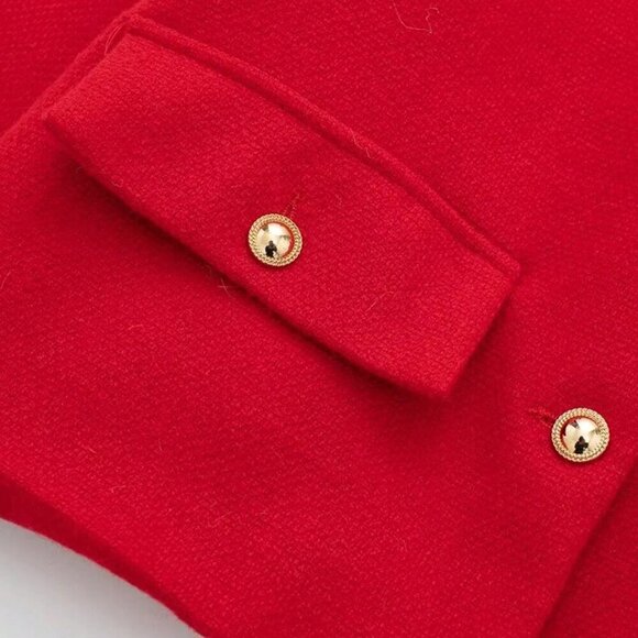 Red Elegant Women's Casual Tweed Jacket Decorated Long Sleeves Coat - Picture 6 of 8